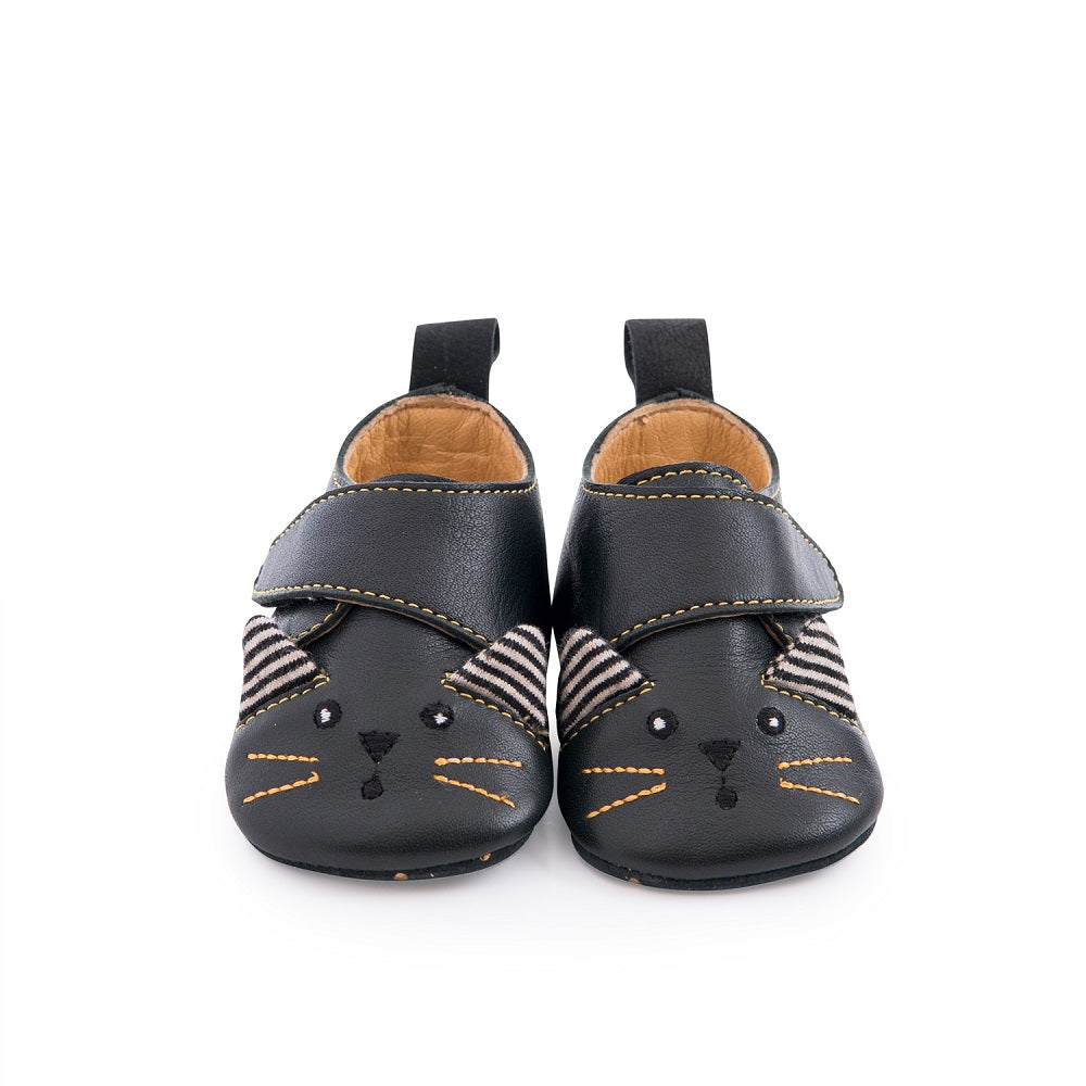 Black Cat Leather Slippers 0-6m