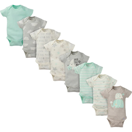 Organic 8-pk Baby Neutral Elephants Short-Sleeve Onesies