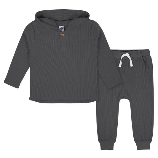 Boys Charcoal Waffle Knit Hoodie & Jogger Set 2 Pc